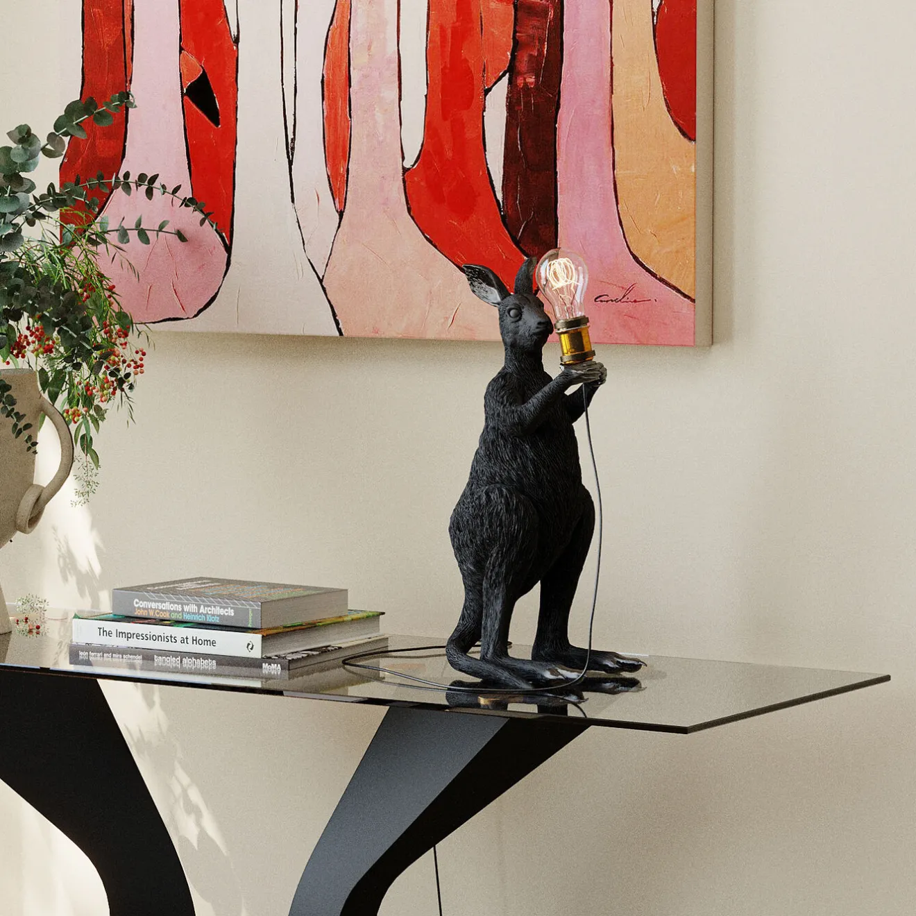 KARE Design Lampes De Table|Lampe A Poser Animal Kangaroo Noir Mat 46Cm