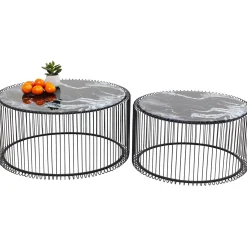 KARE Design Tables Basses|Table Basse Wire Noir/Verre Décor Marbre (2/Set)