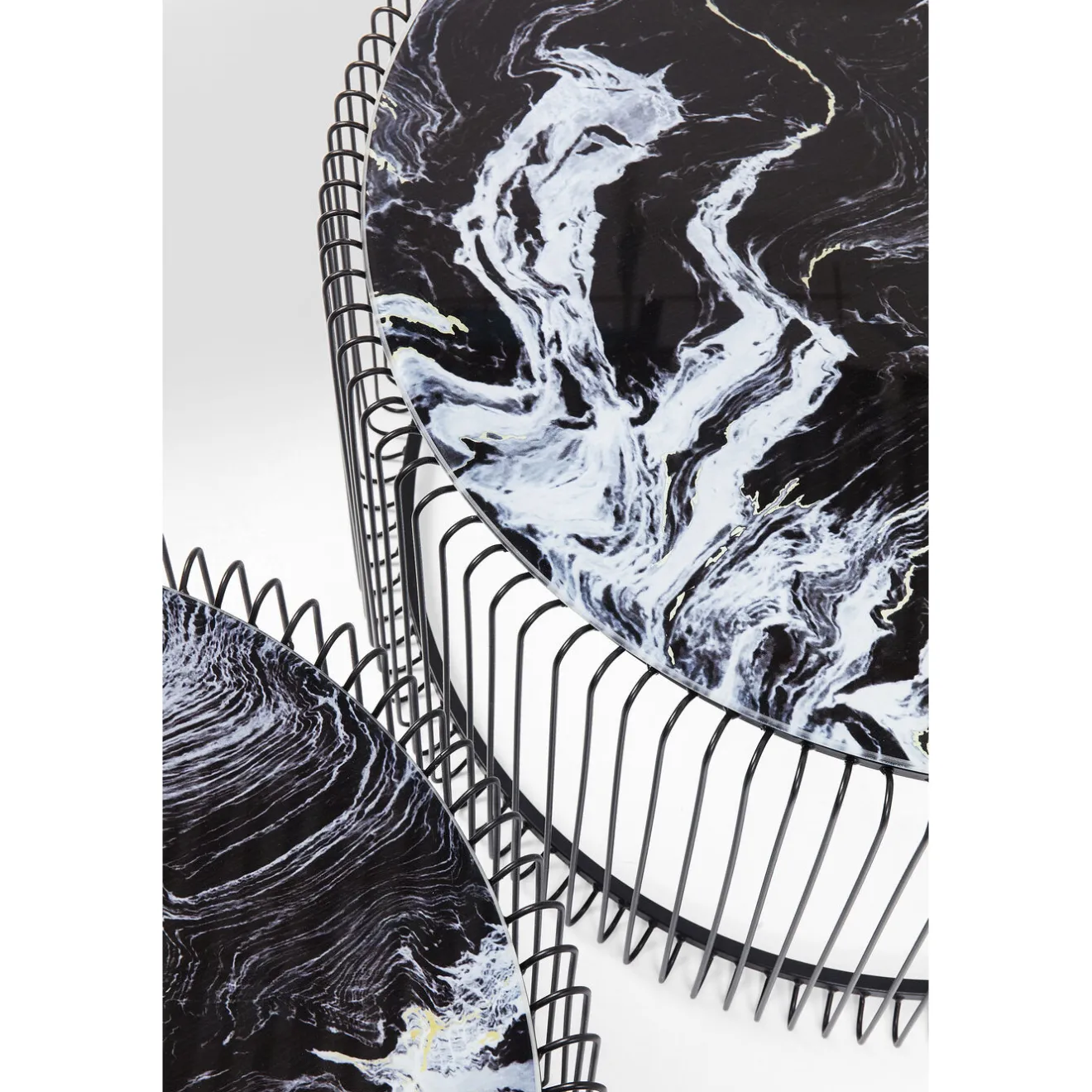 KARE Design Tables Basses|Table Basse Wire Noir/Verre Décor Marbre (2/Set)