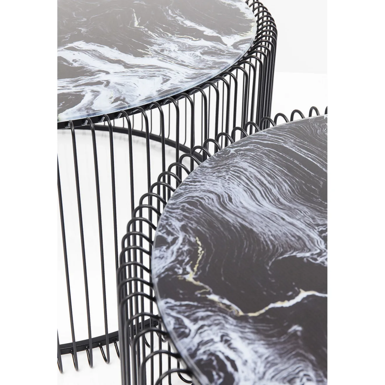 KARE Design Tables Basses|Table Basse Wire Noir/Verre Décor Marbre (2/Set)