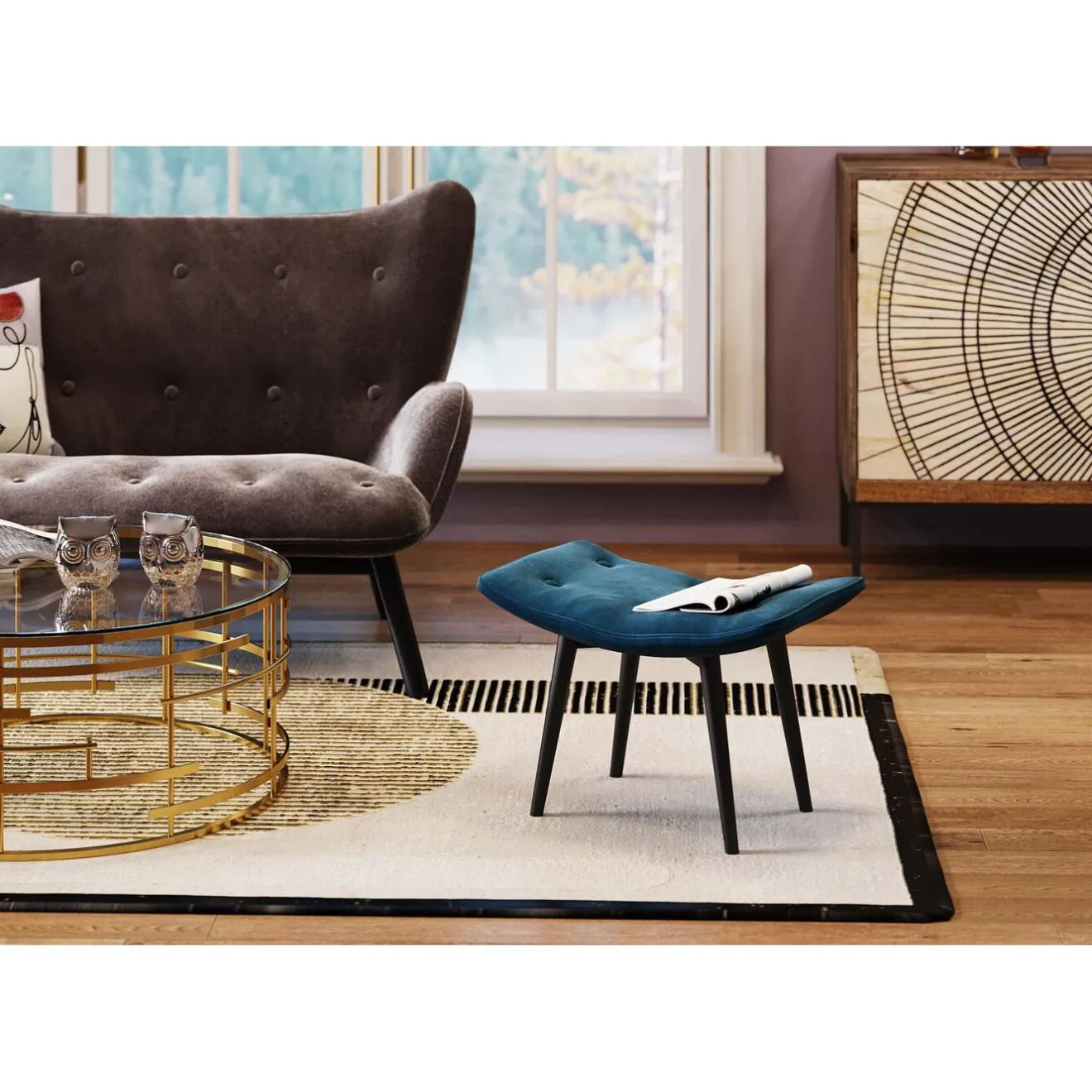 KARE Design Tabourets|Tabouret Black Vicky Velours Bleu Petrole 59X37Cm